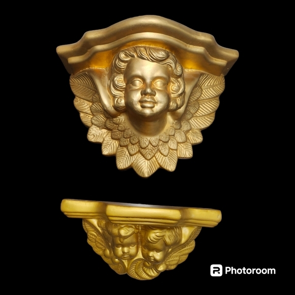 Vintage MCM Hollywood Regency Cherub Angel Wall Shelf Scone Corbel Plaster Gold - Picture 2 of 12